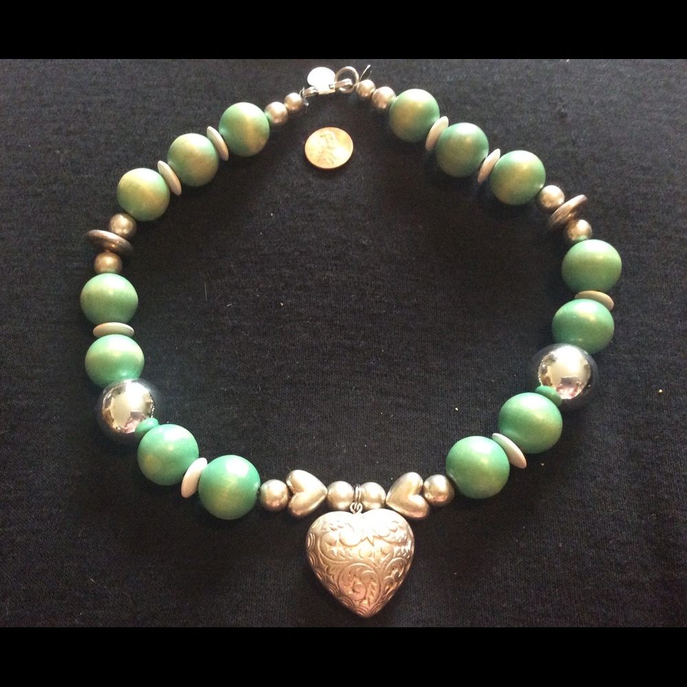 BOHO Silver Heart and Wood Bead 22” Necklace Tag